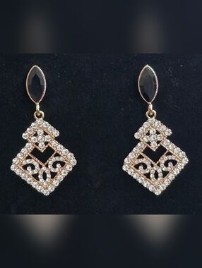 Rhinestone Drop Filigree Earrings in Black and Gold Tone